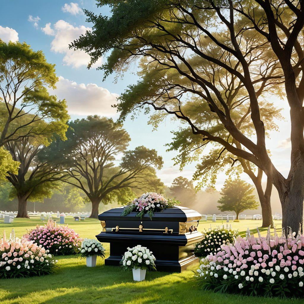 A serene scene depicting a peaceful funeral setting, featuring a beautifully arranged floral display with soft pastels, a calming sky with gentle clouds, and warm light filtering through trees. Include a small group of diverse people offering support to one another, symbolizing compassion and care. The atmosphere should evoke feelings of hope and remembrance. super-realistic. soft colors. calming ambiance.