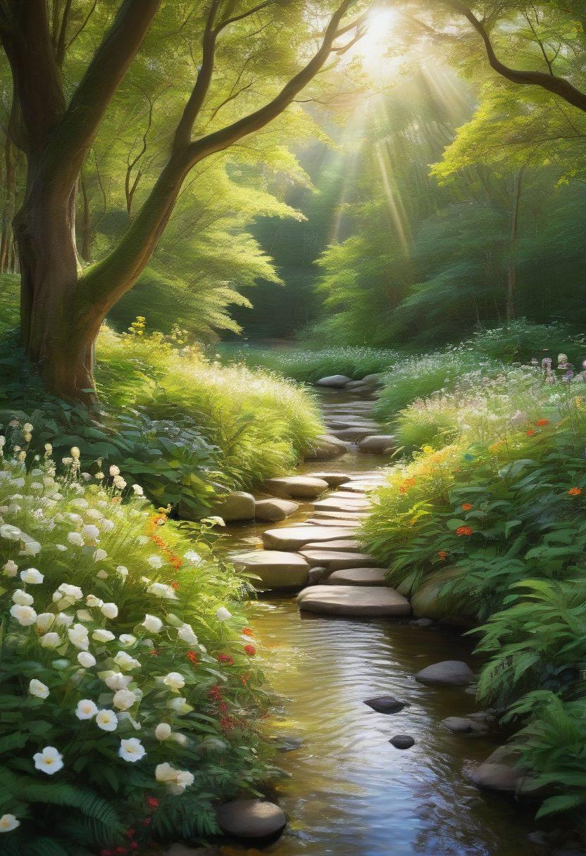 A serene landscape featuring a winding path through a tranquil forest, symbolizing the journey of grief. Soft sunlight filters through the trees, illuminating a simple yet elegant memorial with flowers and candles along the path. In the distance, a gentle stream flows, representing healing and hope. Compassionate figures are seen comforting each other, conveying support and care. super-realistic. vibrant colors. peaceful atmosphere.