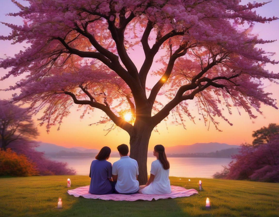 A serene scene of two individuals, a comforting friend and a grieving person, sitting together under a soft, blooming cherry blossom tree, sharing a heartfelt conversation. Surrounding them are gentle symbols of hope and remembrance, like flickering candles and colorful flowers. The background is a peaceful sunset, radiating warm hues, symbolizing transition and healing. super-realistic. vibrant colors. soft focus.